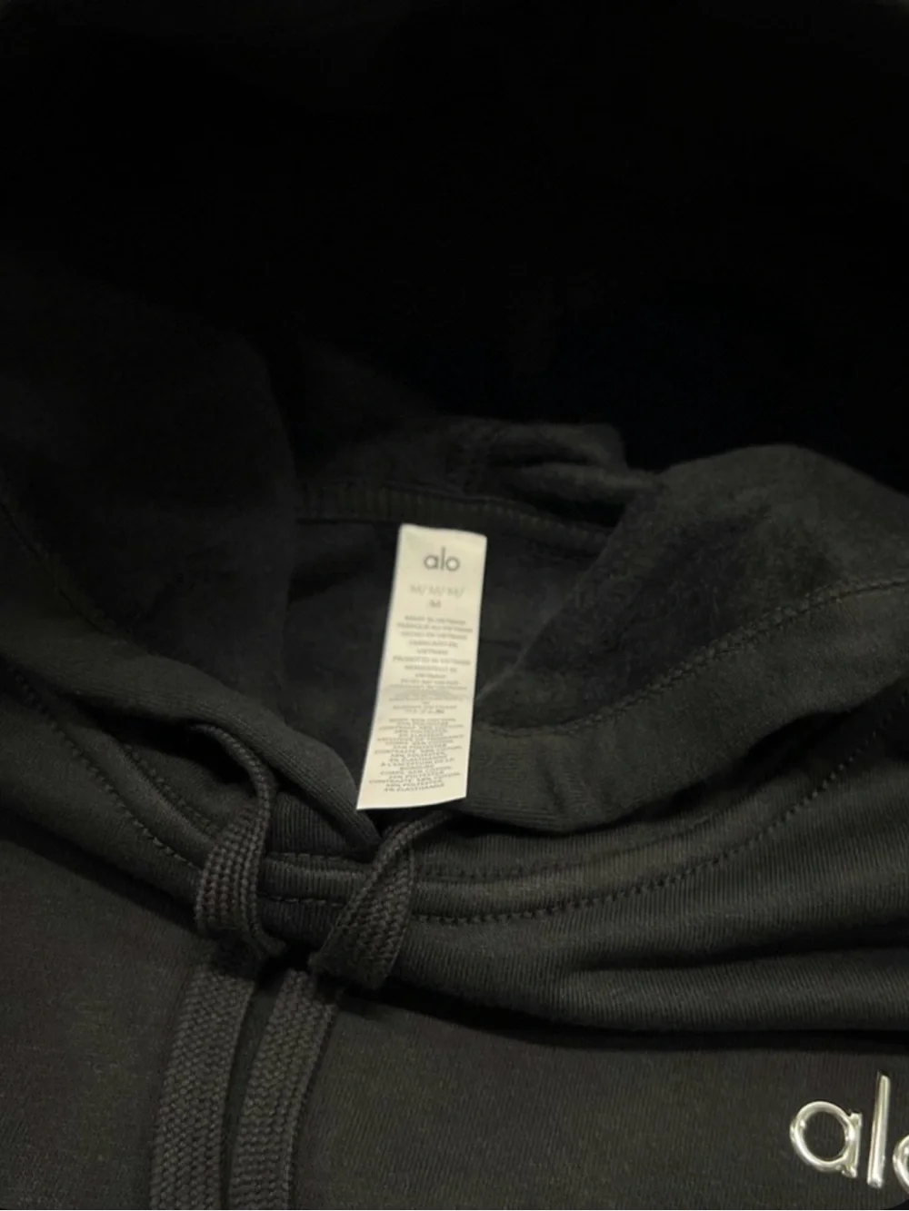 ALO Yoga Black Pullover Hoodie with White Logo